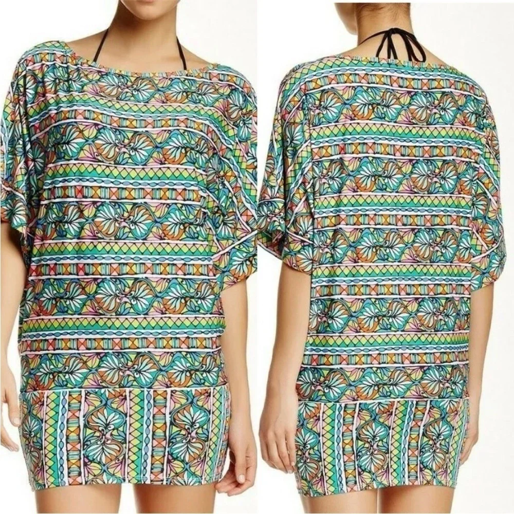 Trina Turk Multicolor Bora Bora Mosaic Print Tunic Cover Up Banded Hem Swim